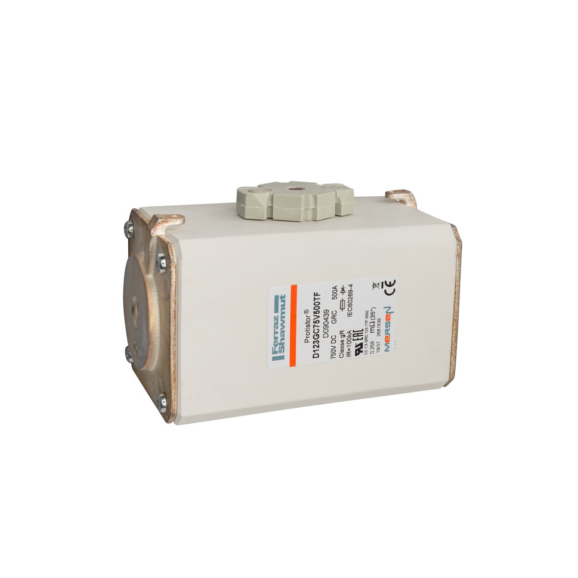 D090439 - Protistor SB fuse-link gR,750VDC,size123,500A,TTFthreaded terminals,with striker